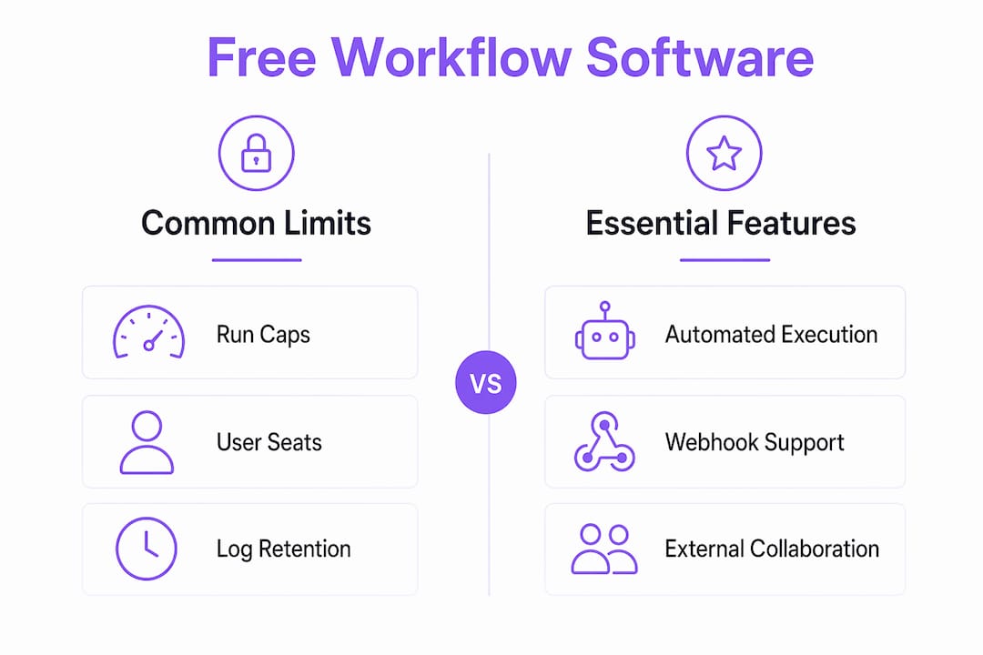 Comparison infographic of free workflow software features and limits