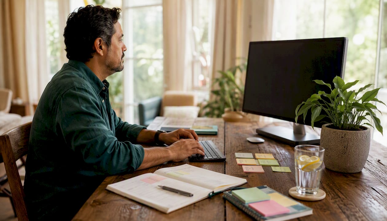 Hands typing on keyboard in busy home office workspace