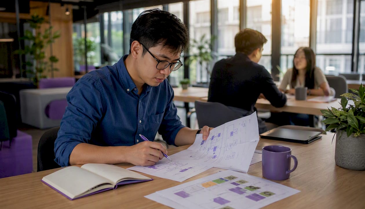 Man reviewing onboarding sequence diagrams at desk