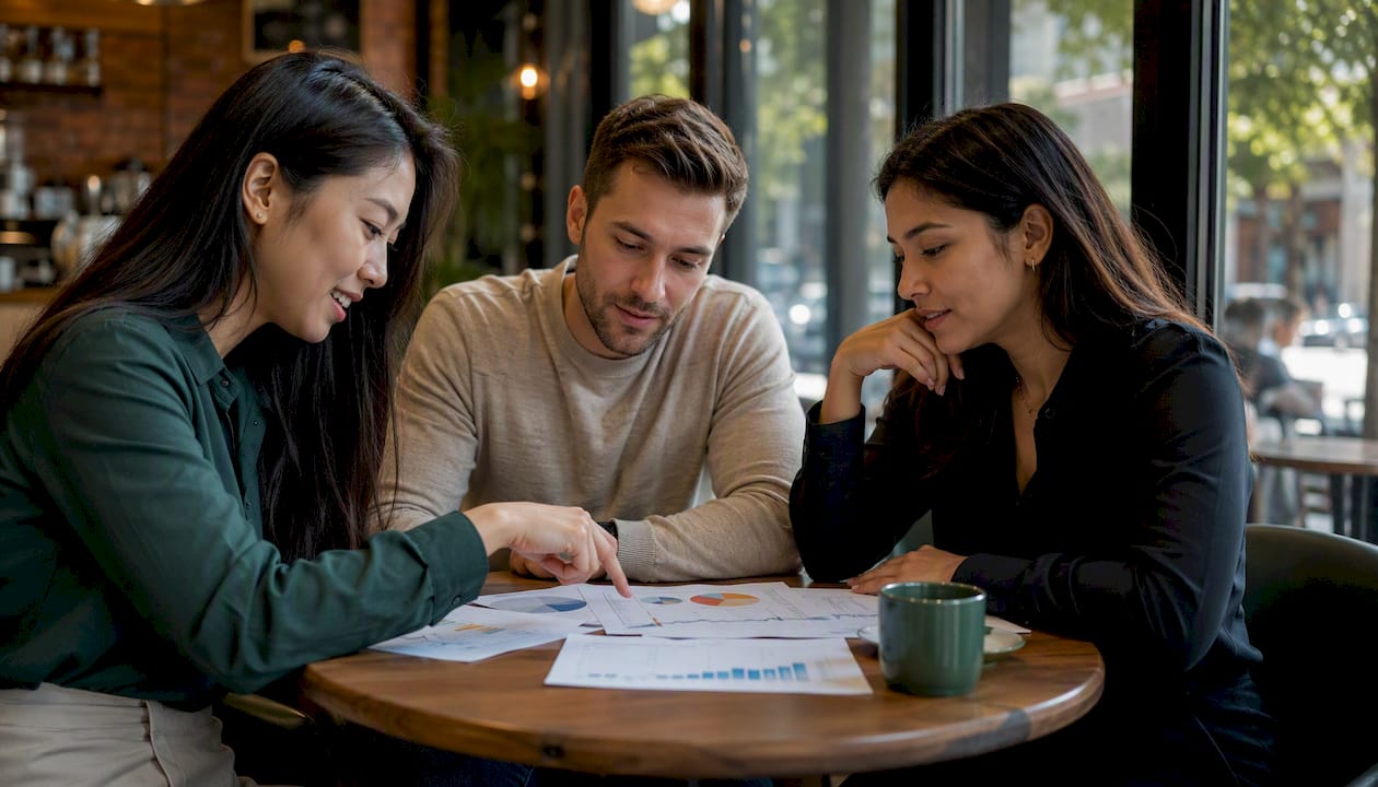 Sales team discussing printed intent data charts