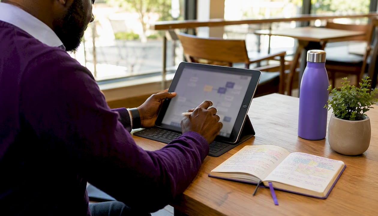 Close-up of hands managing workflow on tablet