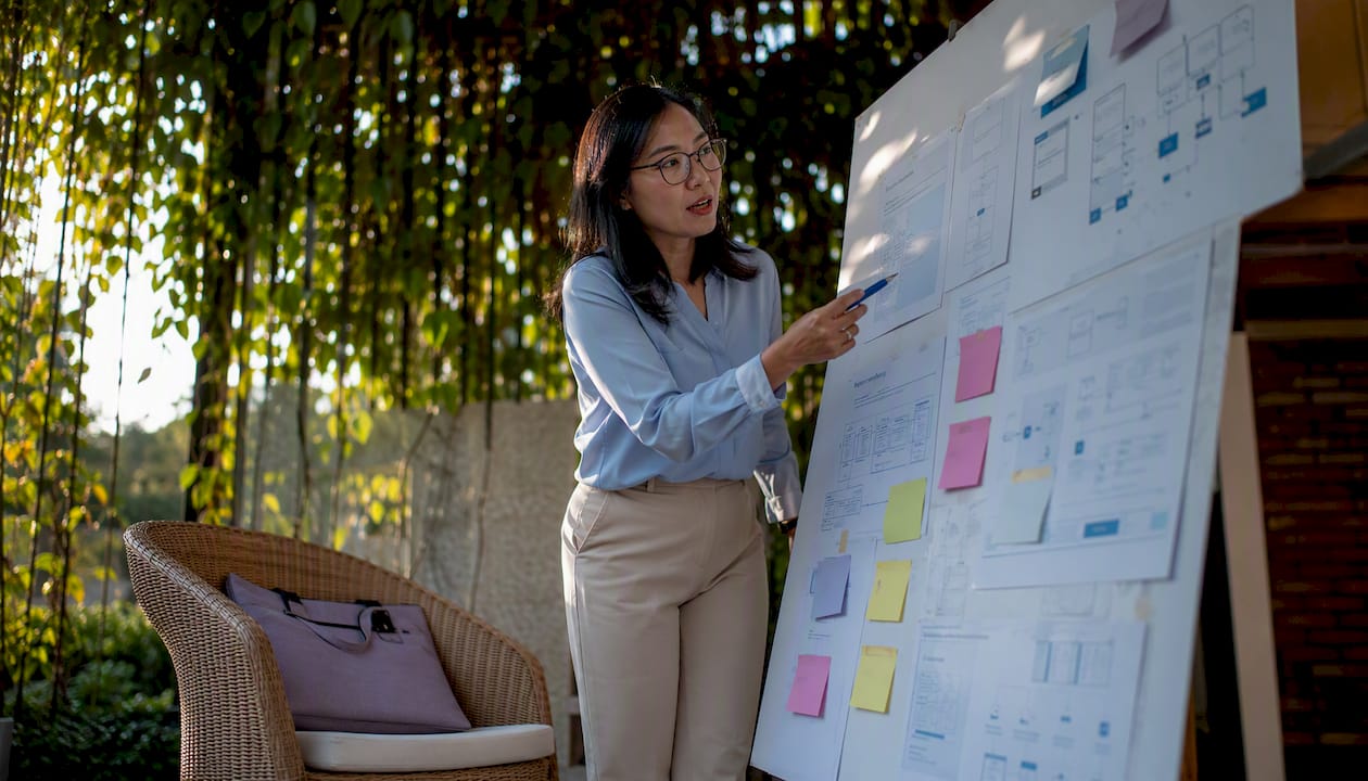 Woman explaining process integration on whiteboard