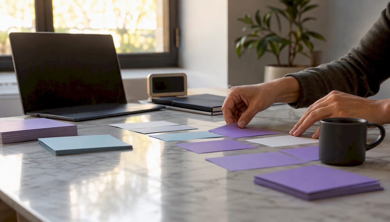 Hands organizing routing cards on table