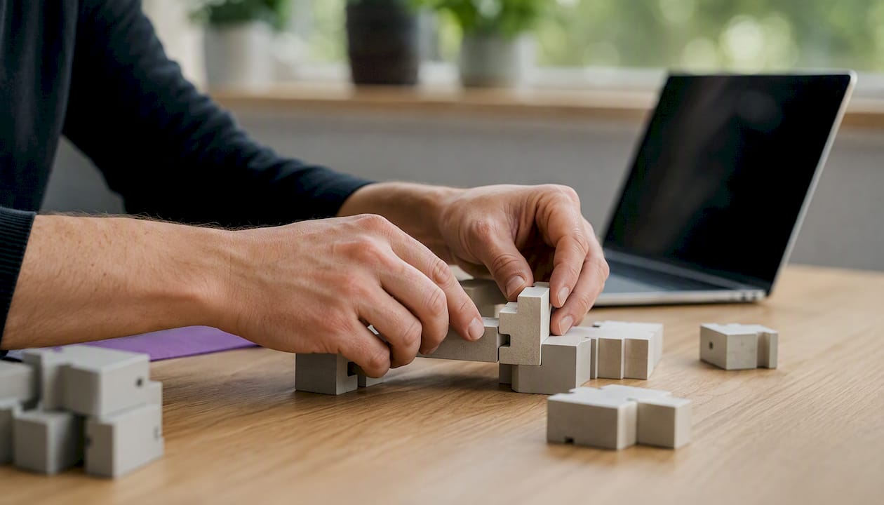Hands connecting modular workflow blocks