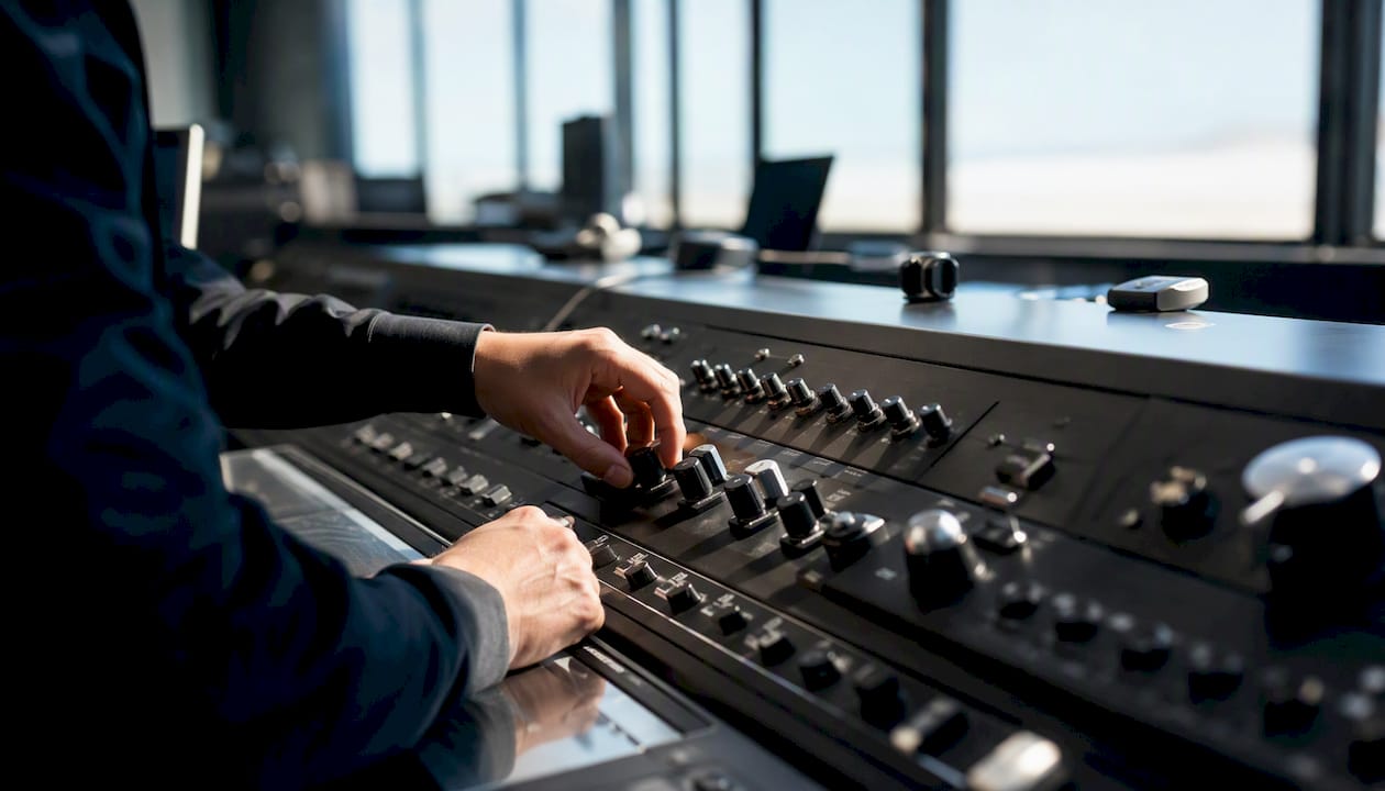 Hands interacting with monitoring panel controls