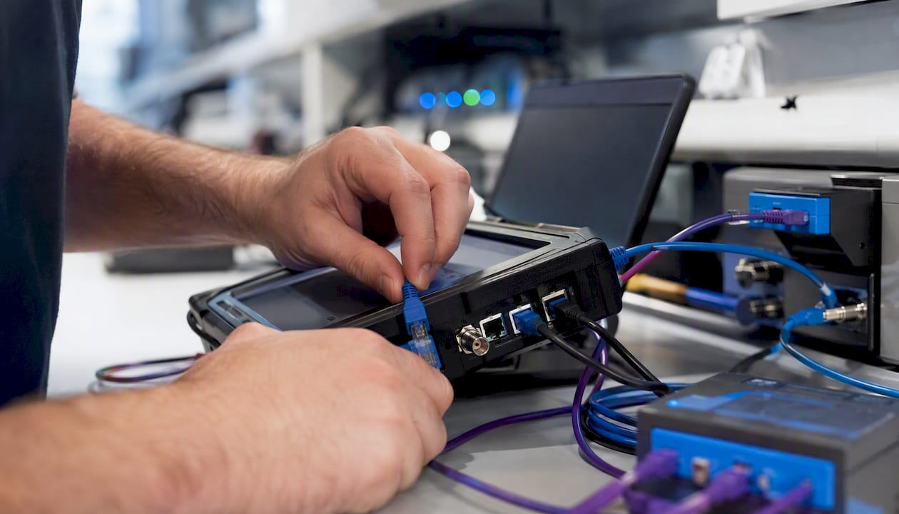 Hands connecting test equipment to cables