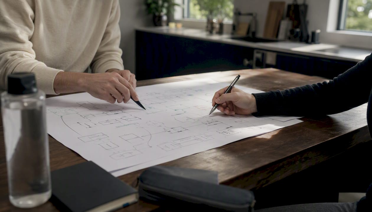 Hands annotating workflow map on table