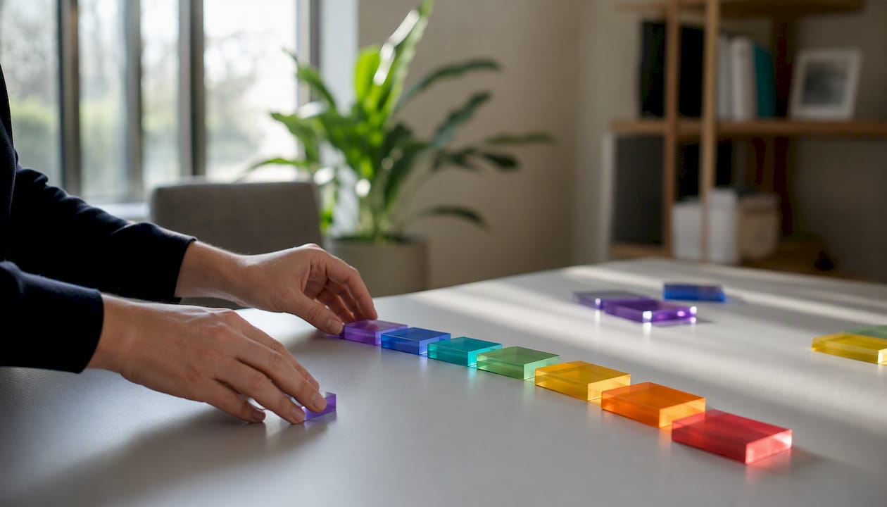 Hands arranging modular workflow tokens