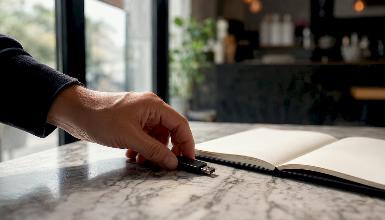 Hand placing a USB drive symbolizing payload offloading