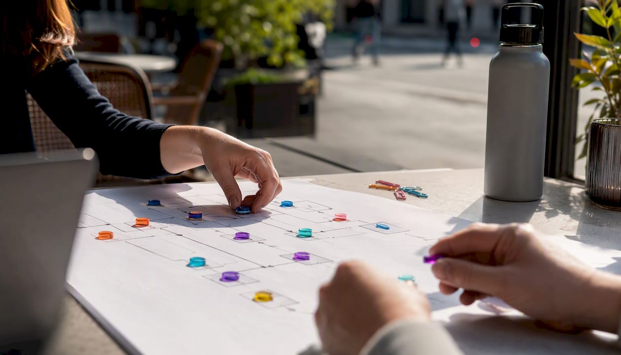 Hands placing tokens on workflow diagram