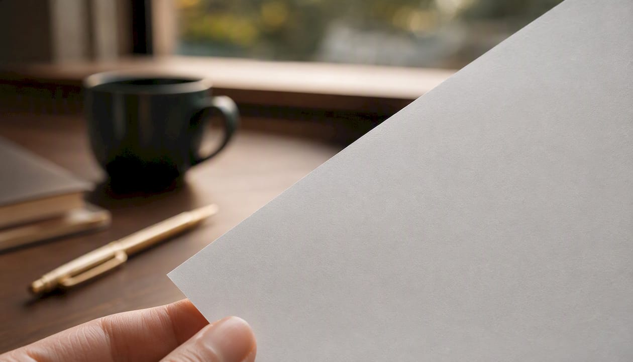Hand holding blank paper in warm office
