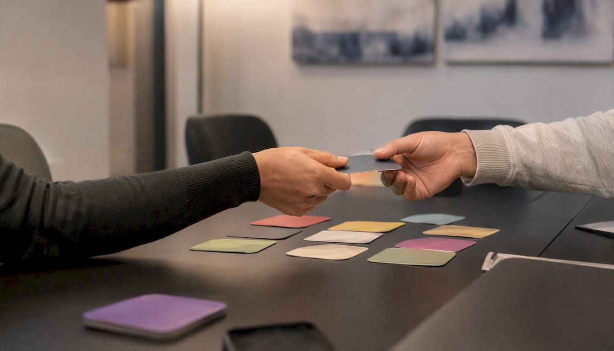 Hands passing physical workflow cards