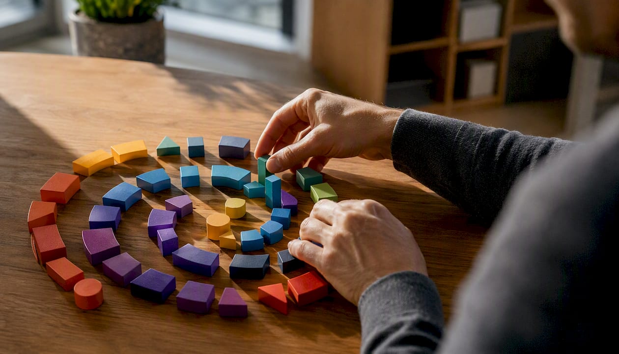 Hands arranging colored blocks representing tasks