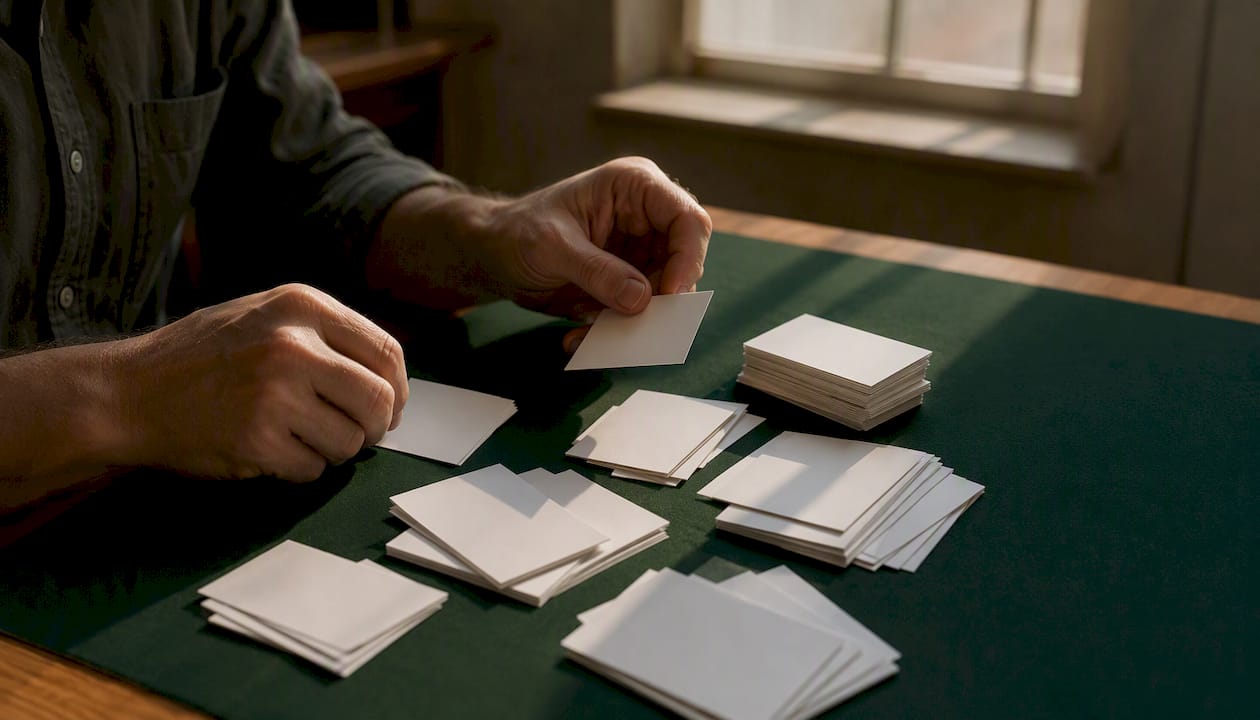 Hands sorting blank data cards on table