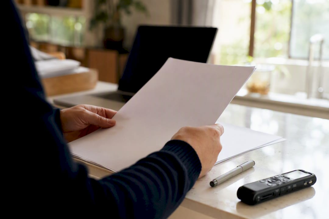 Hands reviewing workflow transcription notes on desk