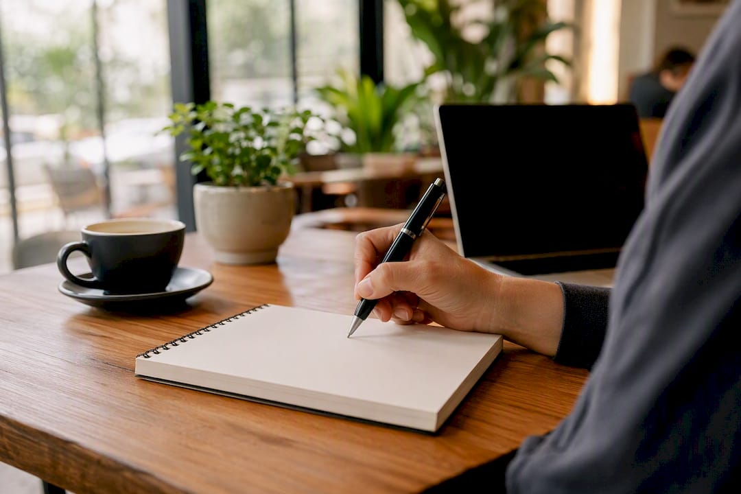 Hand drafting escalation plan on blank notepad