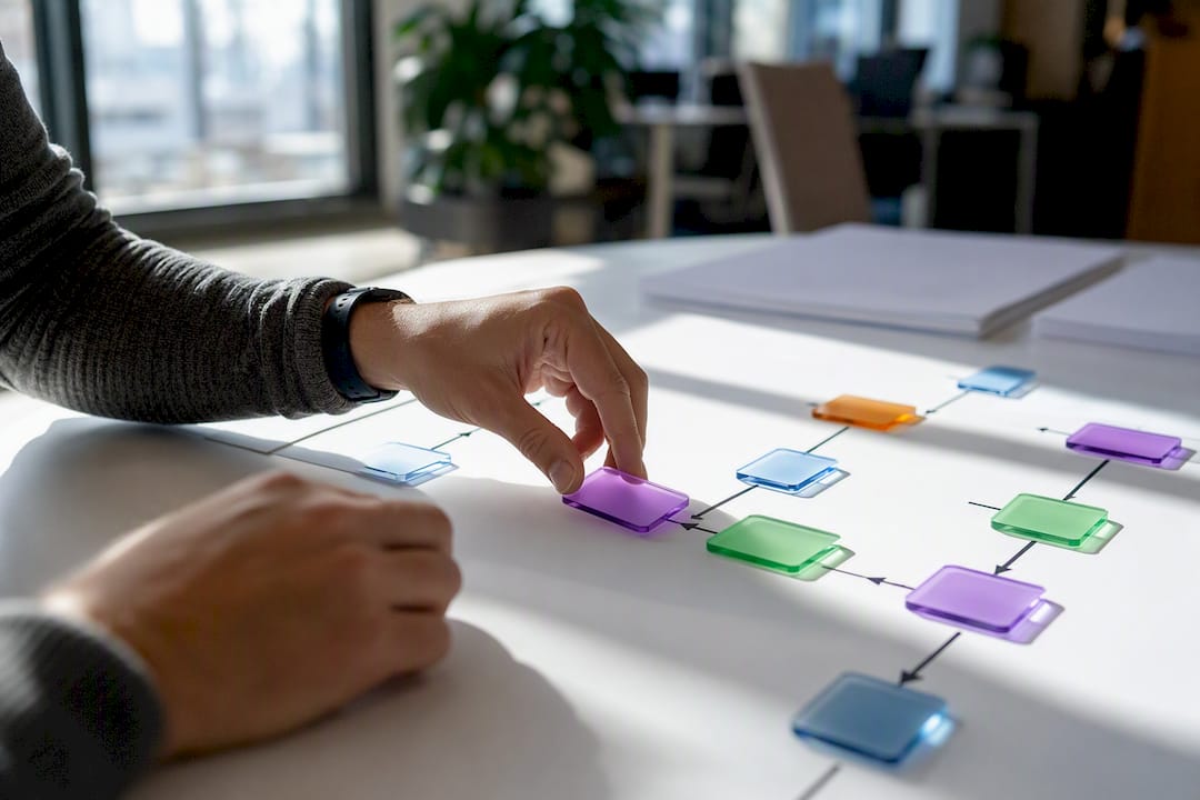 Hands assembling workflow tokens on table