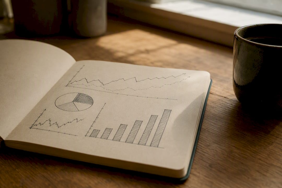 Notebook with sales metrics drawings and coffee
