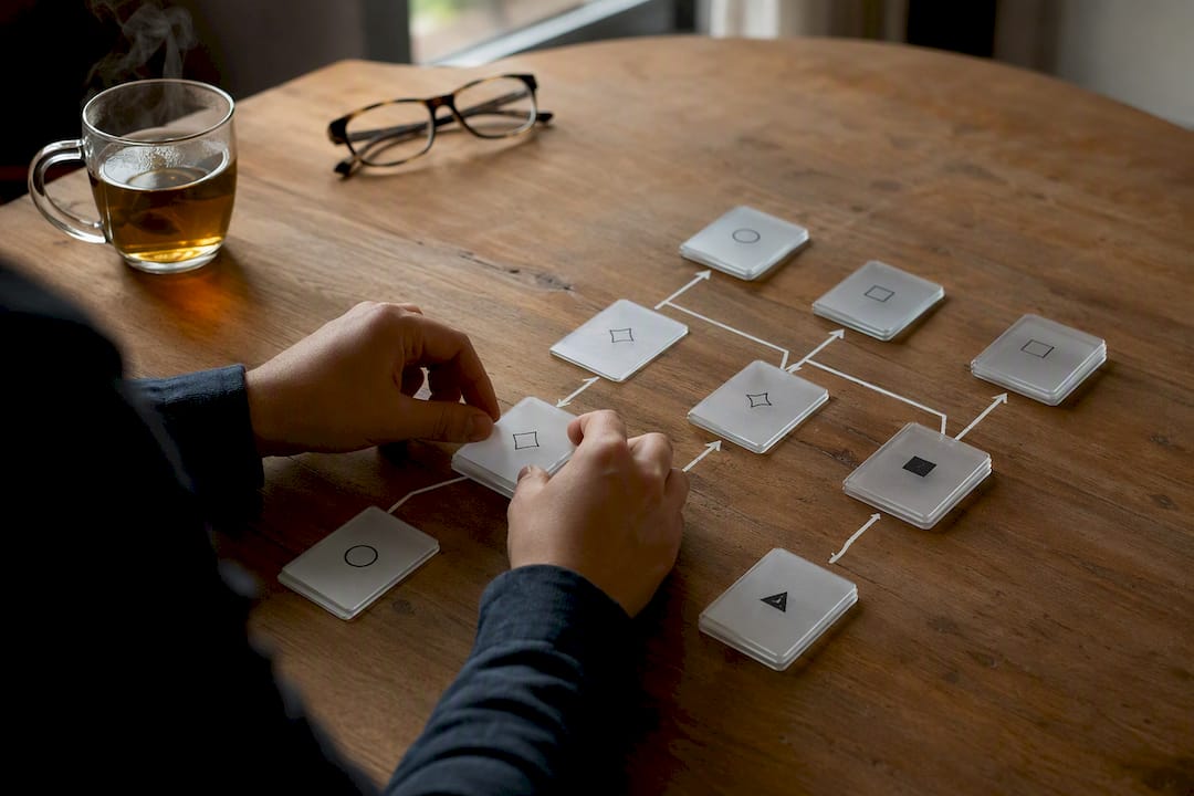 Hands sorting workflow condition cards overhead