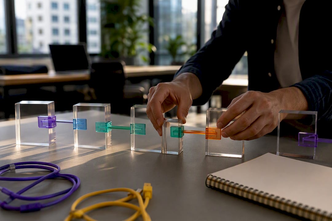 Hands connecting workflow blocks on table
