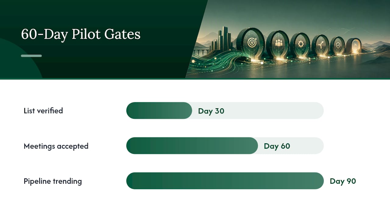 60-day outbound pilot timeline with decision gates