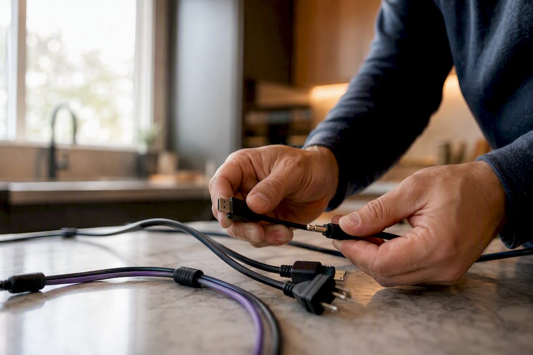 Hands connecting cables for system integration