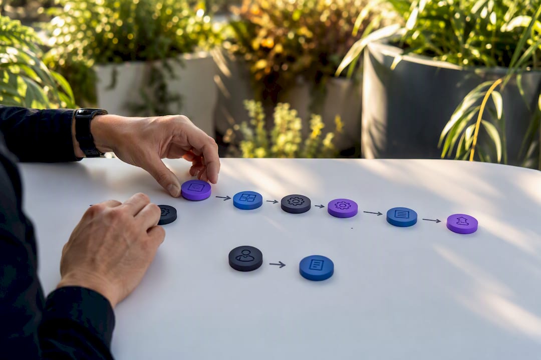 Hands arranging workflow automation tokens on table