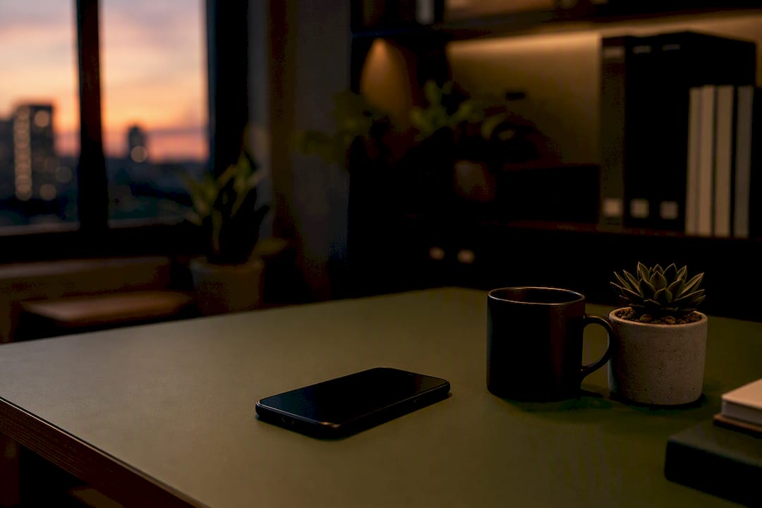 Smartphone in silent mode on dim desk