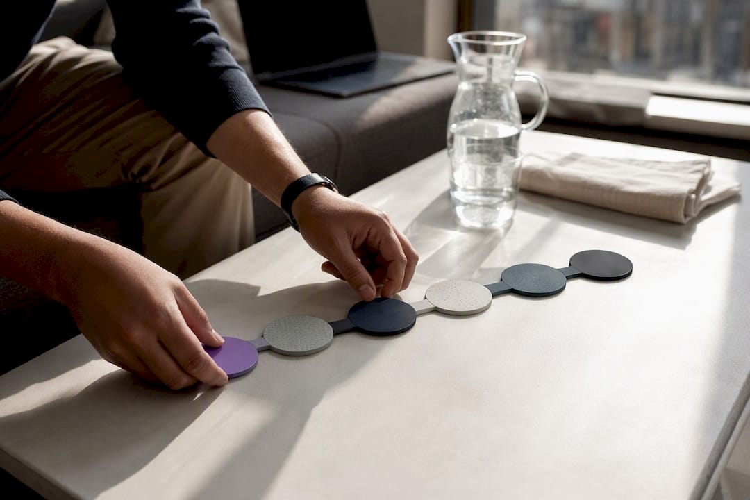 Hands assembling workflow tokens on desk
