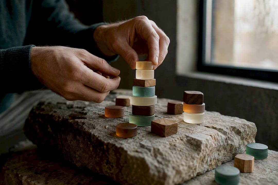 Hands arranging data tokens on wooden table