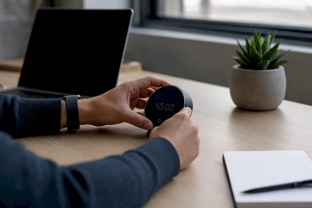 Hands starting timer on office desk