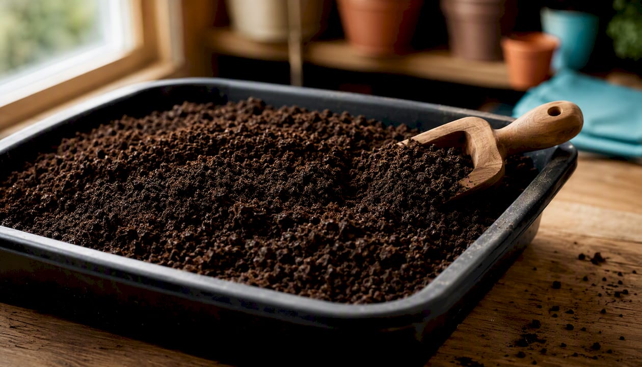 Close view of dark crumbly finished compost