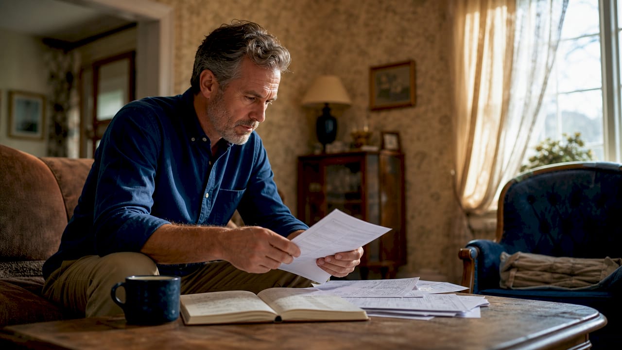 Man reviewing papers in inherited house