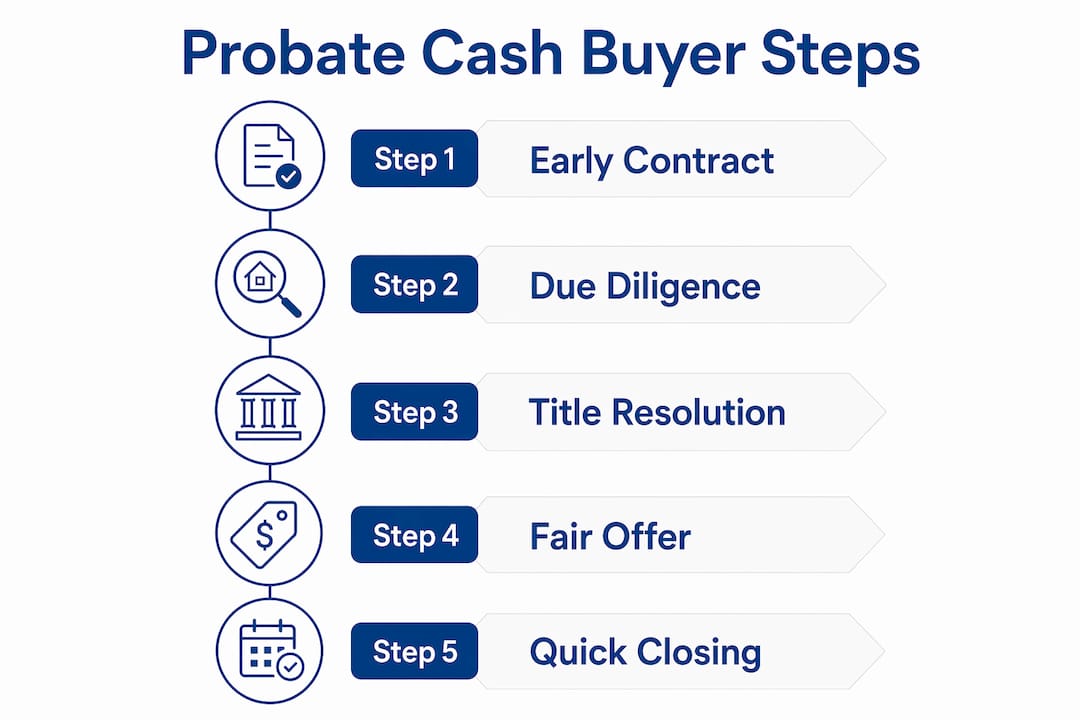 Infographic showing five key steps in cash buyer probate home process