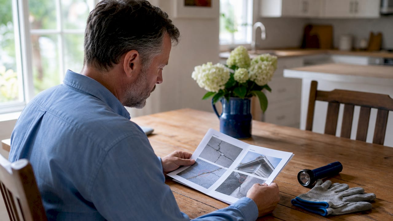 Hands holding home inspection damage report