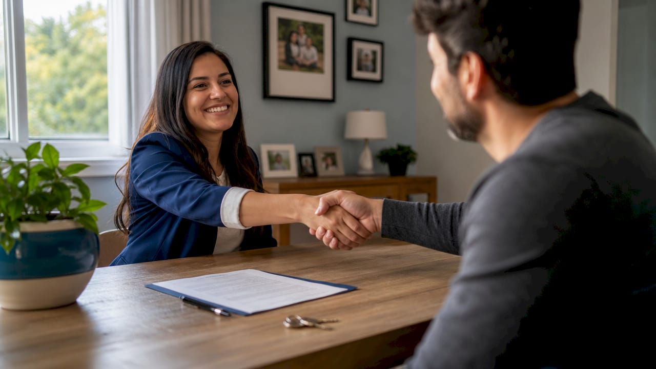 Seller shaking hands with cash buyer at home