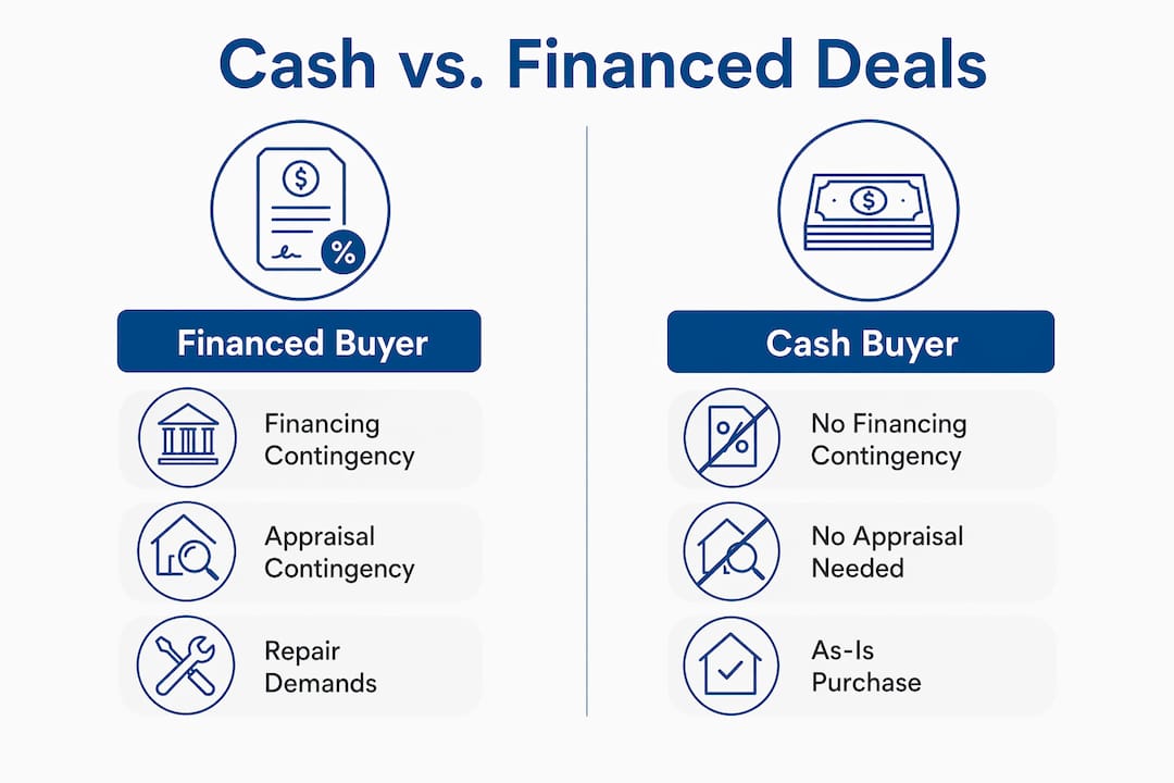 Infographic comparing contingencies in cash and financed real estate deals