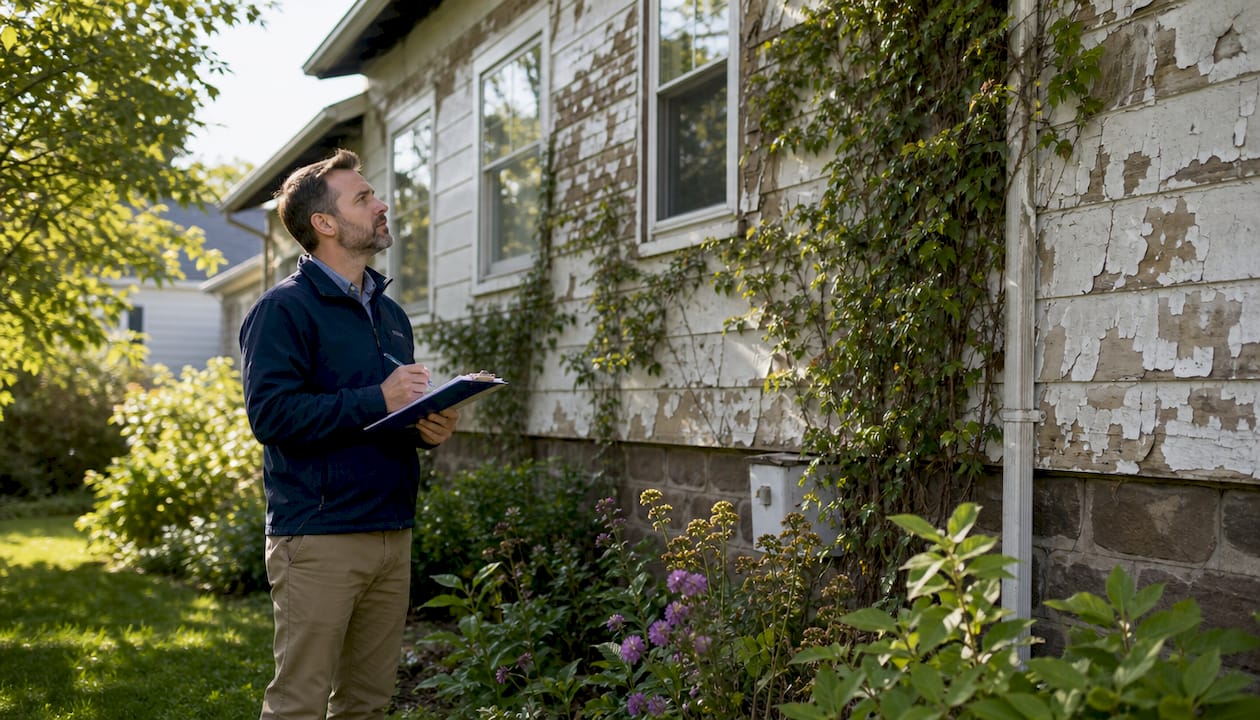 Cash buyer inspecting as-is home exterior