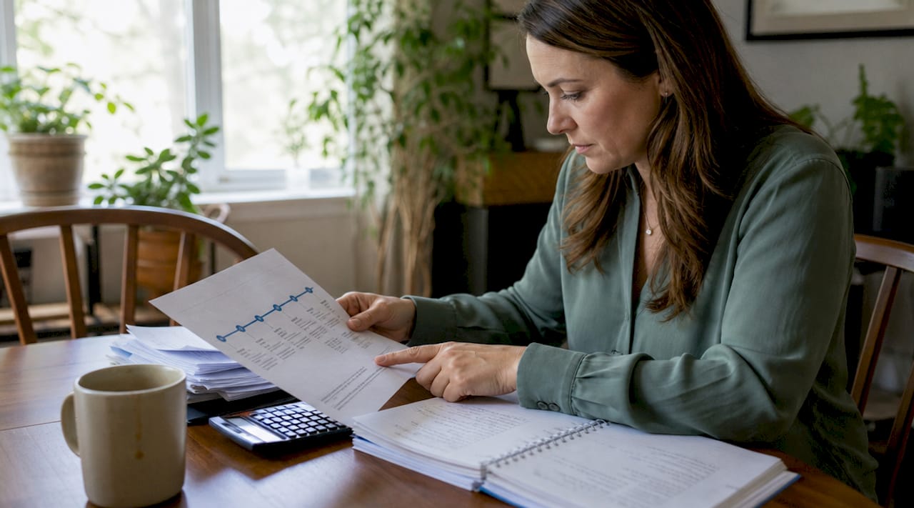 Hands using calculator and reviewing foreclosure timeline