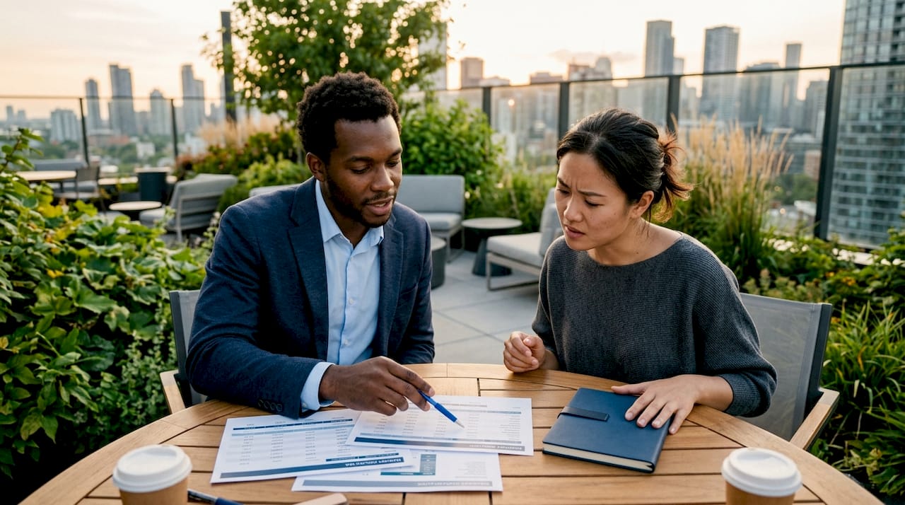 Two agents discussing home pricing at office table