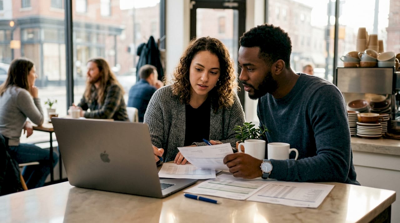 Couple reviewing proof of funds at home