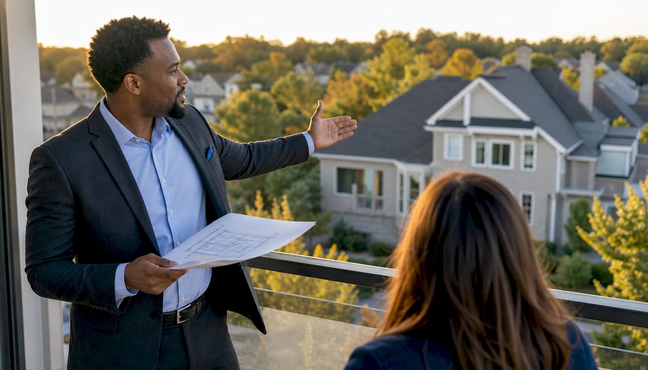Real estate agent explaining roof damage impact
