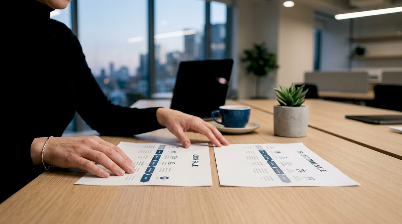 Hands comparing cash and traditional sale timelines