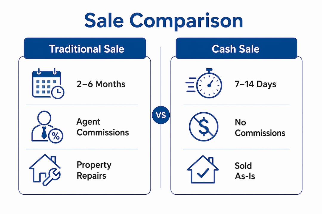 Infographic comparing cash and traditional home sale timelines and costs
