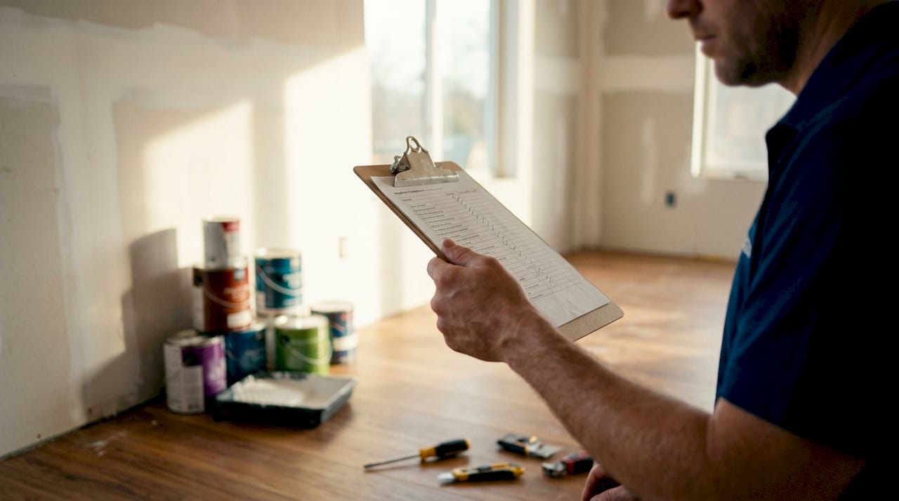 Overhead view of home inspection checklist and roofing materials