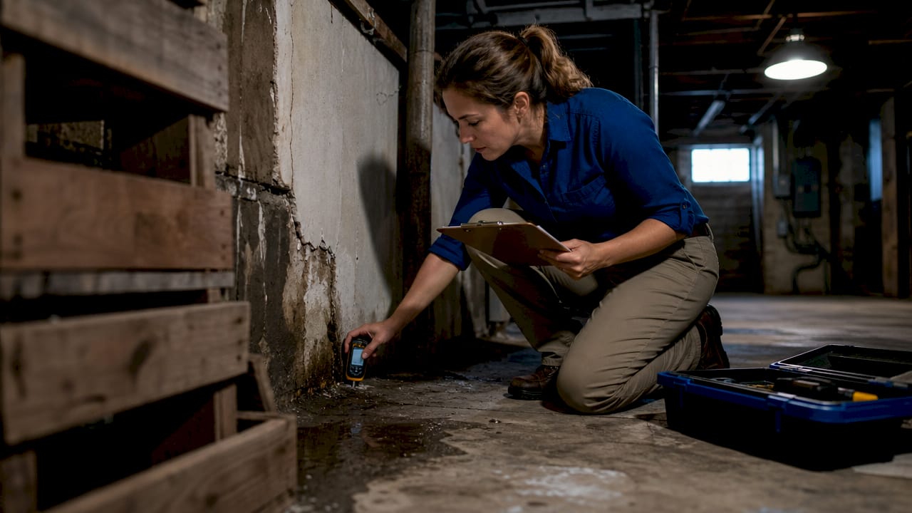Female inspector measuring basement wall moisture