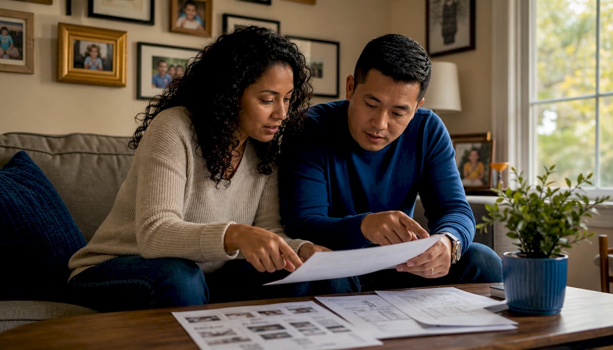 Couple reviewing home selling checklist papers