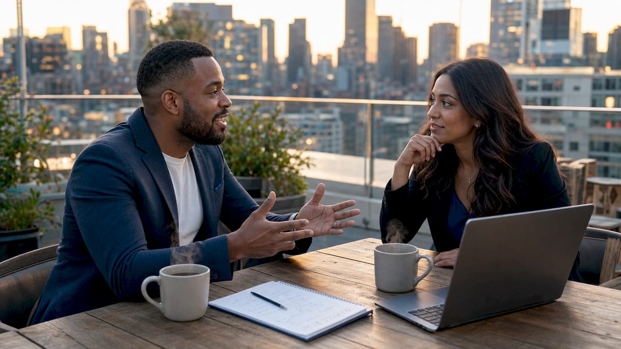 Real estate agents discussing commissions at outdoor cafe