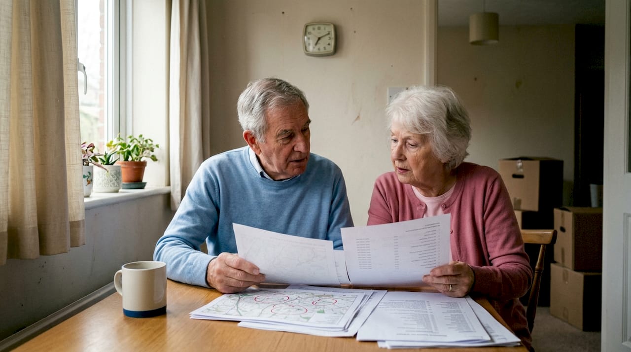 Elderly couple reviewing downsizing plans at home