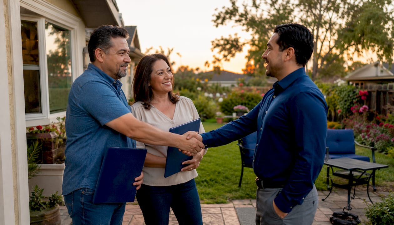Couple shaking hands with local cash home buyer outside house